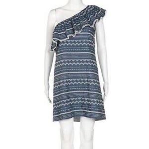 Parker Women’s Navy Blue Chambray One Shoulder Ruffle Embroidered Dress